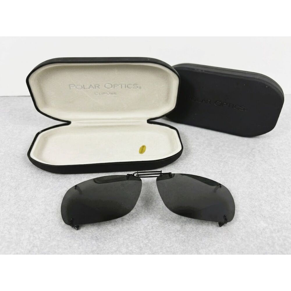 Polar Optics Premium Polarized Clip On Sunglasses Gray Rectangle Lens Hard Case